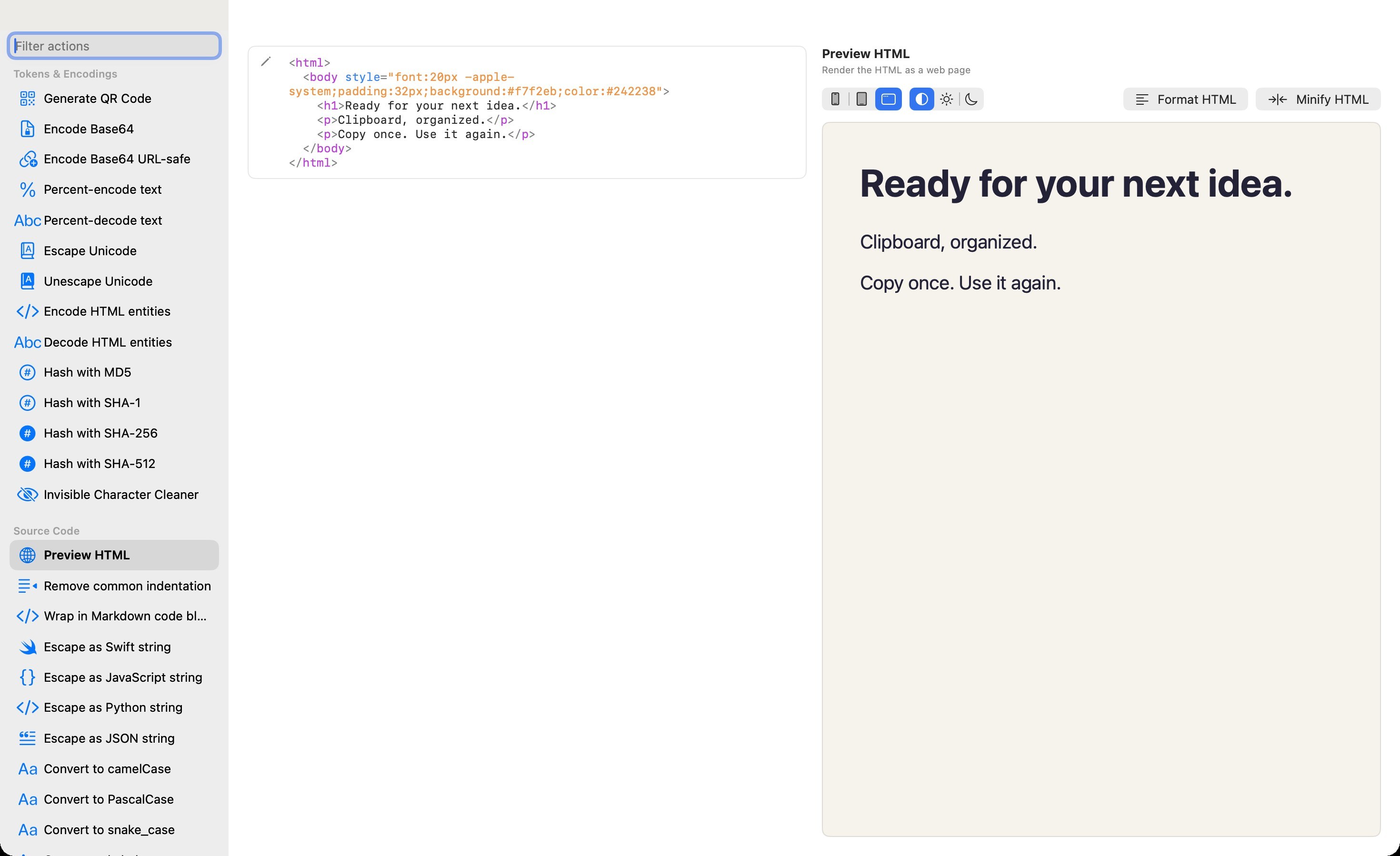 Pastilo HTML source editor beside its live preview