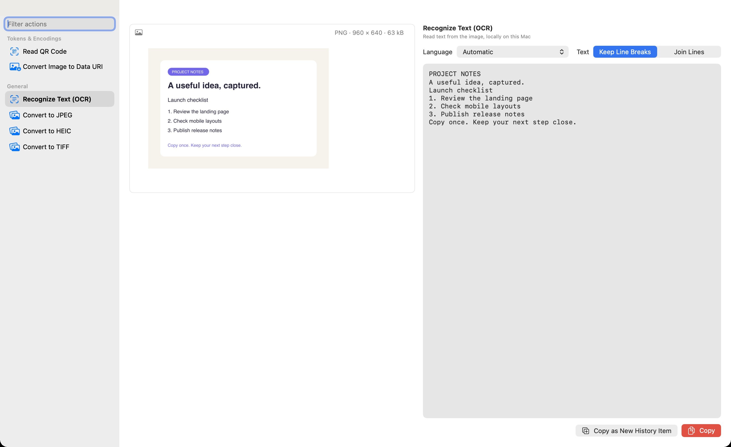 Pastilo local OCR showing the source image beside recognized text
