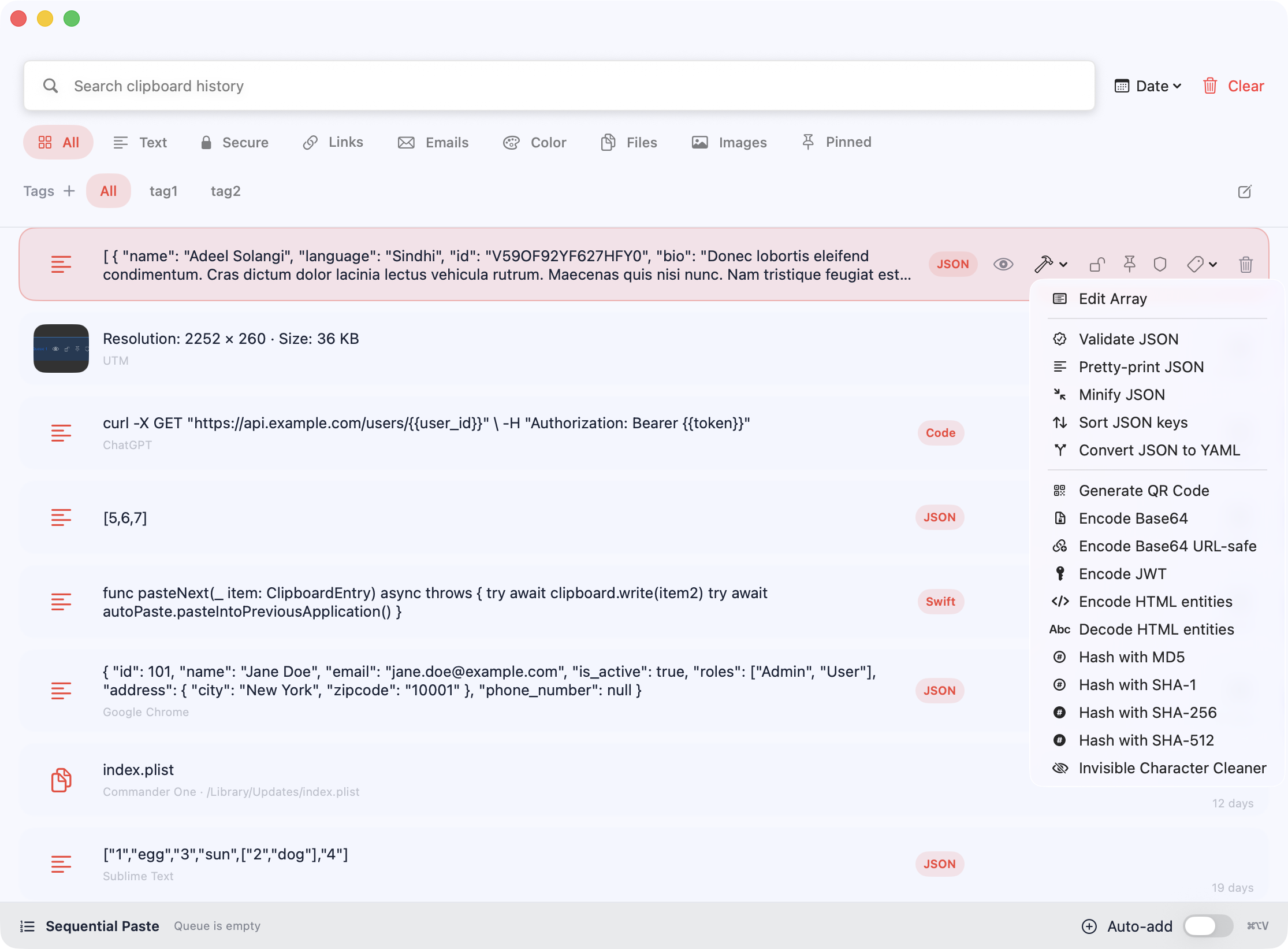 Pastilo developer tools menu with JSON transformations and local workflow actions