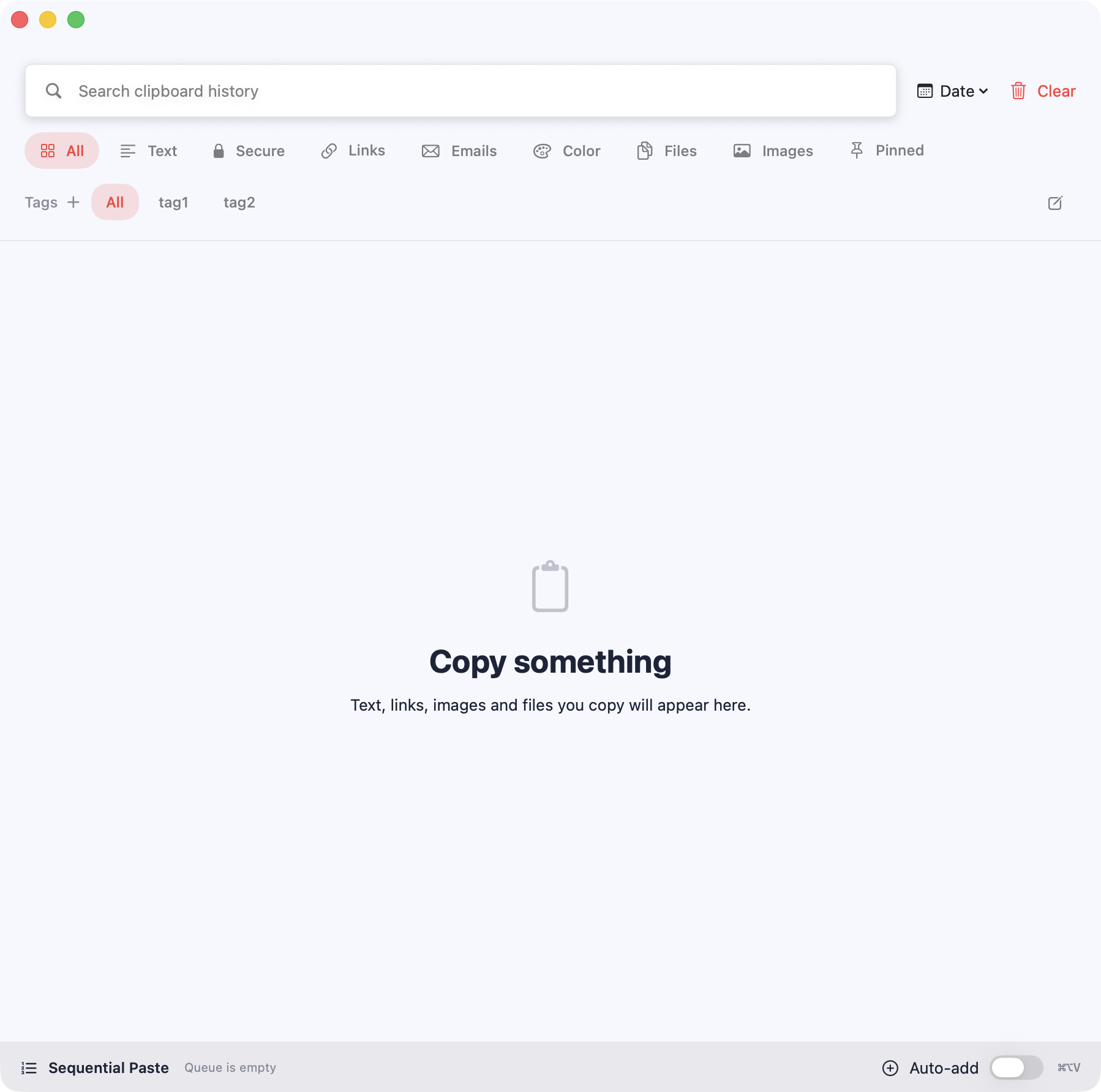 Pastilo empty state with search, type filters, and a clean clipboard history