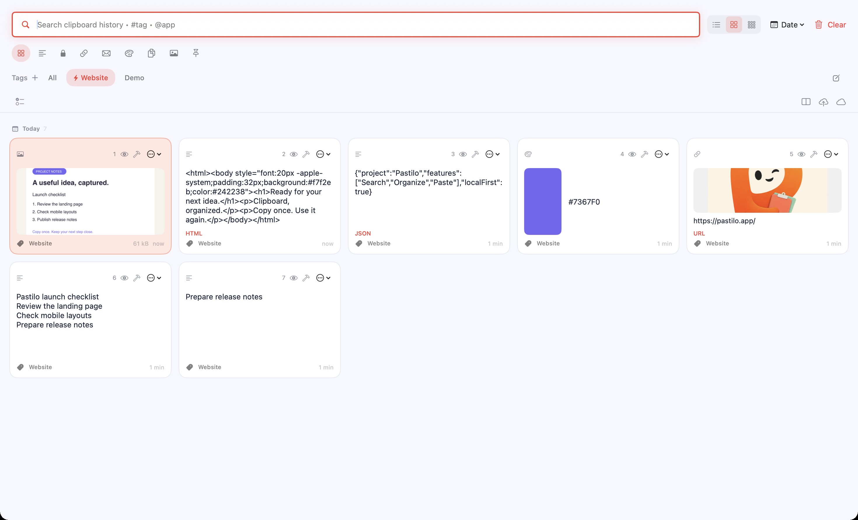 Pastilo large history tiles with a project autotag