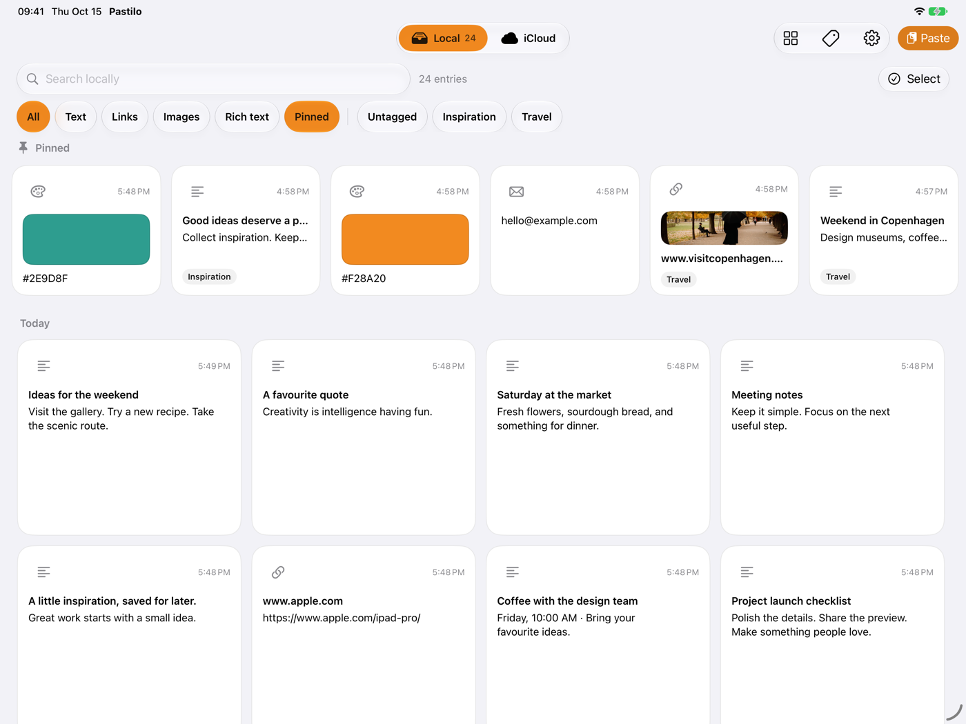 Pastilo on iPad: a row of pinned entries above a board of today's entries