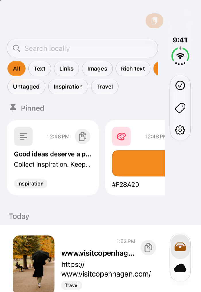 Pastilo on the closed iPhone Duo: the history with filters and pinned entries