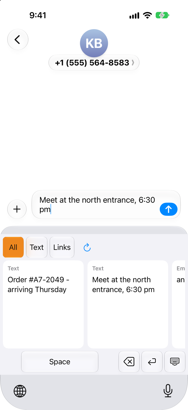 The Pastilo keyboard in Messages after a tap: the card’s text “Meet at the north entrance, 6:30 pm” is in the message field