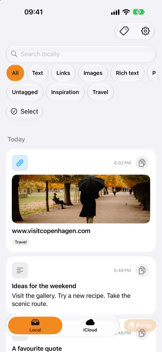 Pastilo on iPhone: a visitcopenhagen.com link with its preview image at the top of the history