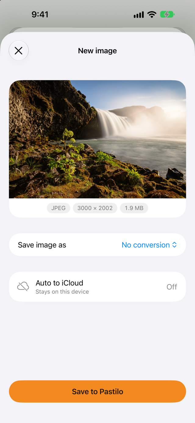 The Pastilo share sheet on iPhone: a waterfall photo labelled JPEG, 3000 × 2002 and 1.9 MB, the Save image as option and the Save to Pastilo button