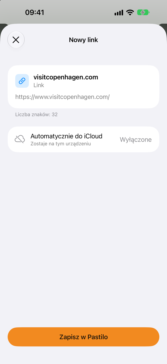 Arkusz udostępniania Pastilo na iPhonie: link do visitcopenhagen.com z liczbą znaków, wiersz „Automatycznie do iCloud” i przycisk „Zapisz w Pastilo”