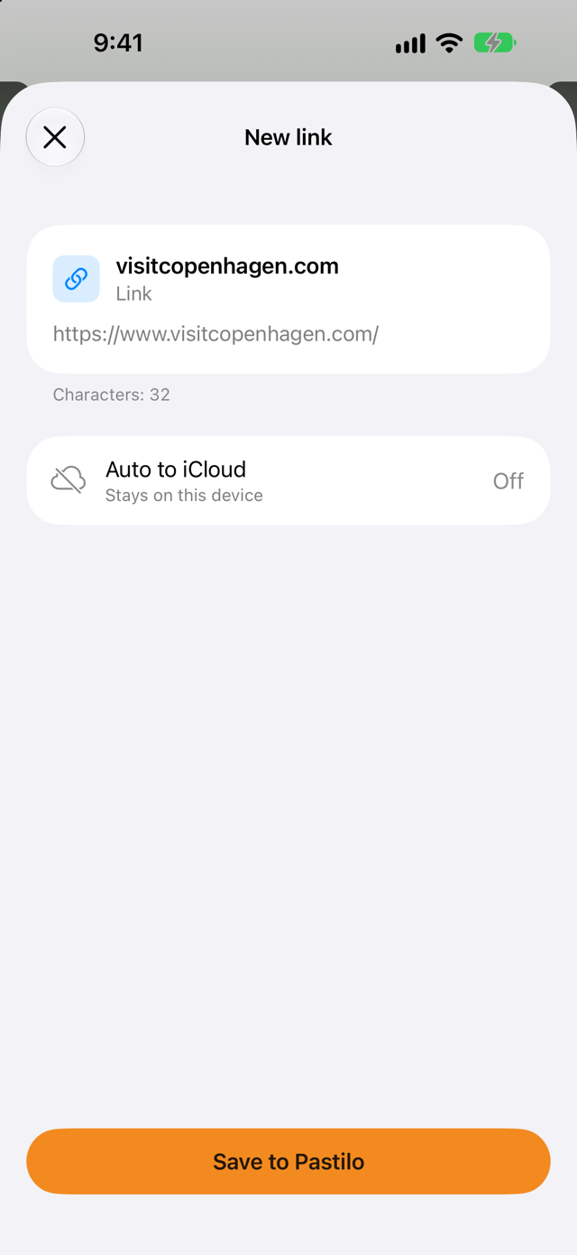 The Pastilo share sheet on iPhone: a visitcopenhagen.com link with its character count, the Auto to iCloud row and the Save to Pastilo button