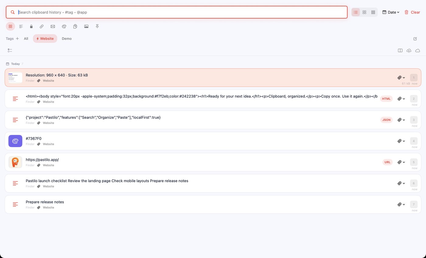 Pastilo clipboard history showing pinned code, JSON, files and sequential items