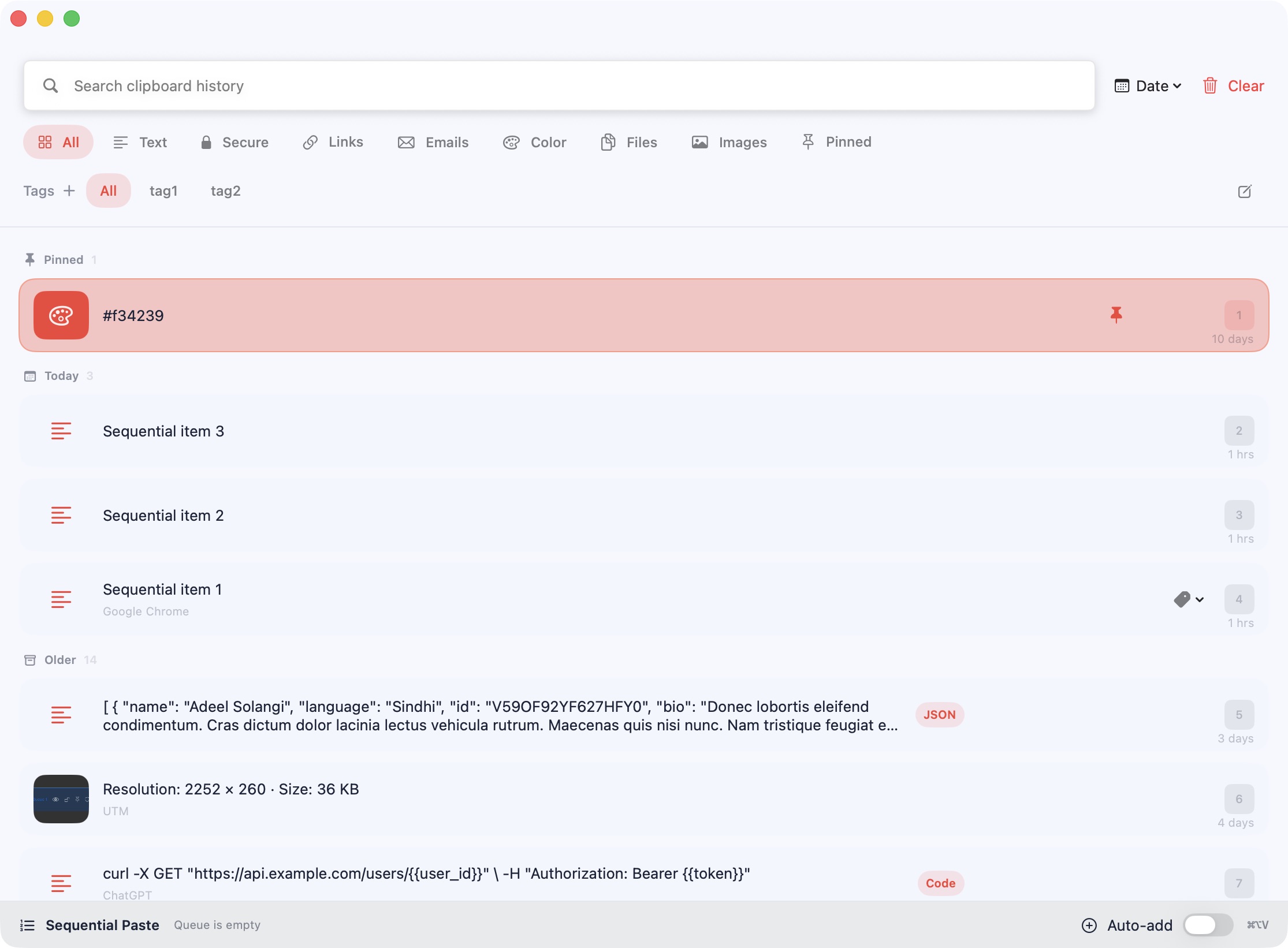 Pastilo clipboard history showing pinned code, JSON, files, and sequential items