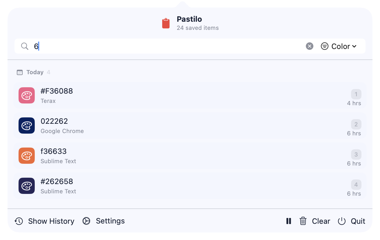 Pastilo menu bar view with color search and recent clipboard items