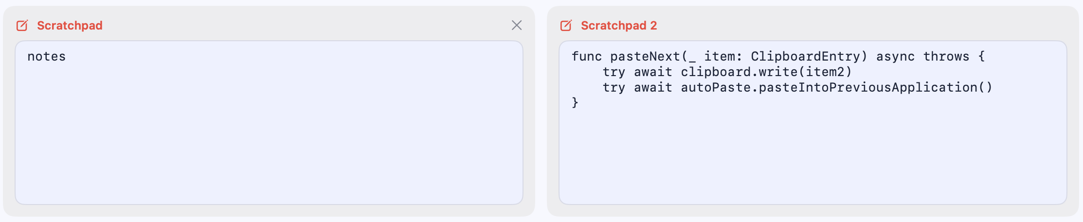 Pastilo Scratchpad notes and code panels
