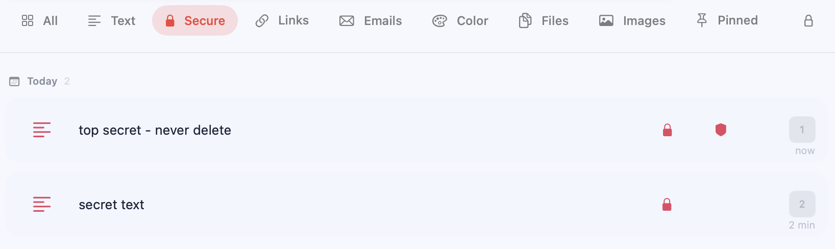 Pastilo secure clipboard item showing a lock and expiry controls
