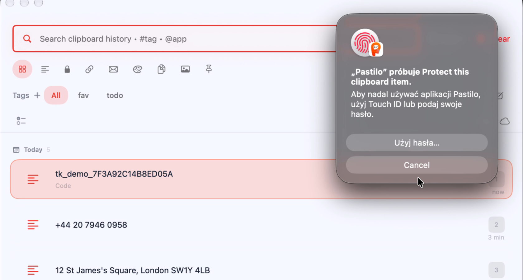 Pastilo asks for Touch ID or a Mac password before protecting a clipboard item