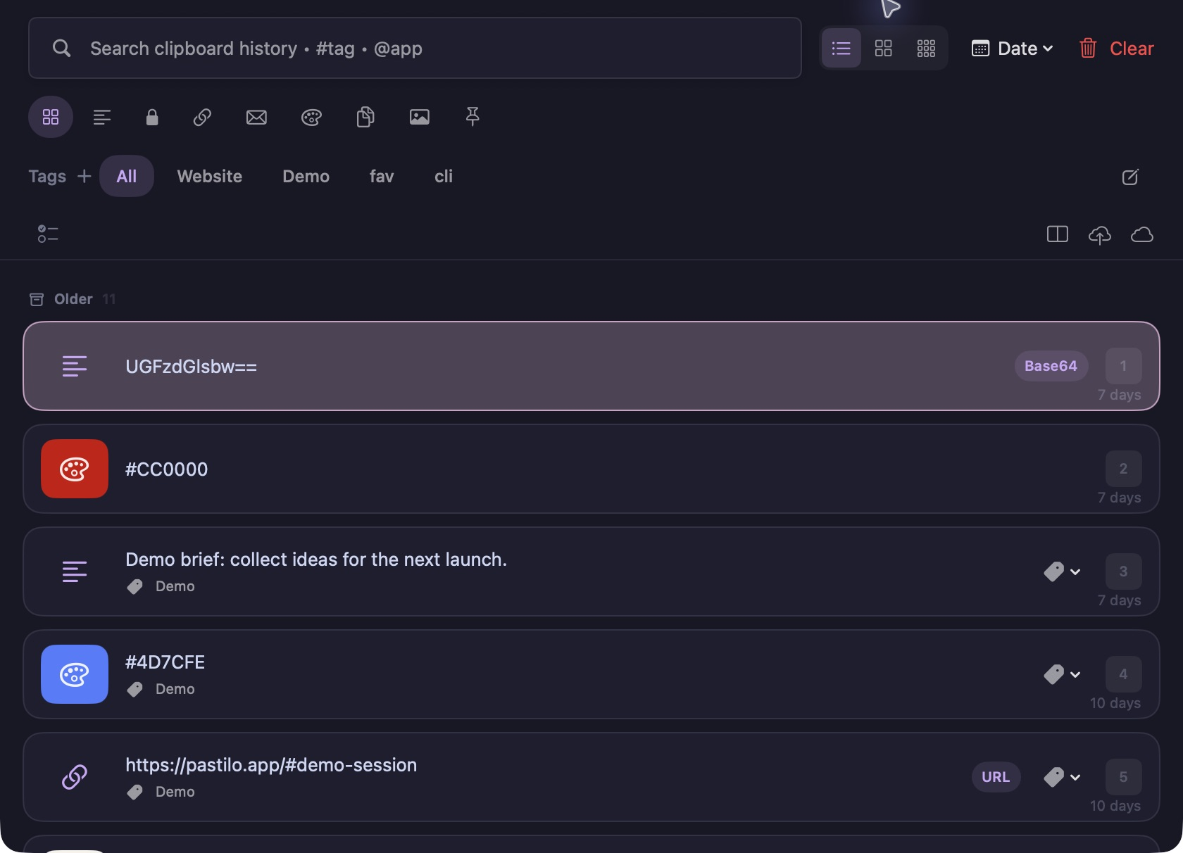 Pastilo clipboard history in the Catppuccin theme, dark appearance
