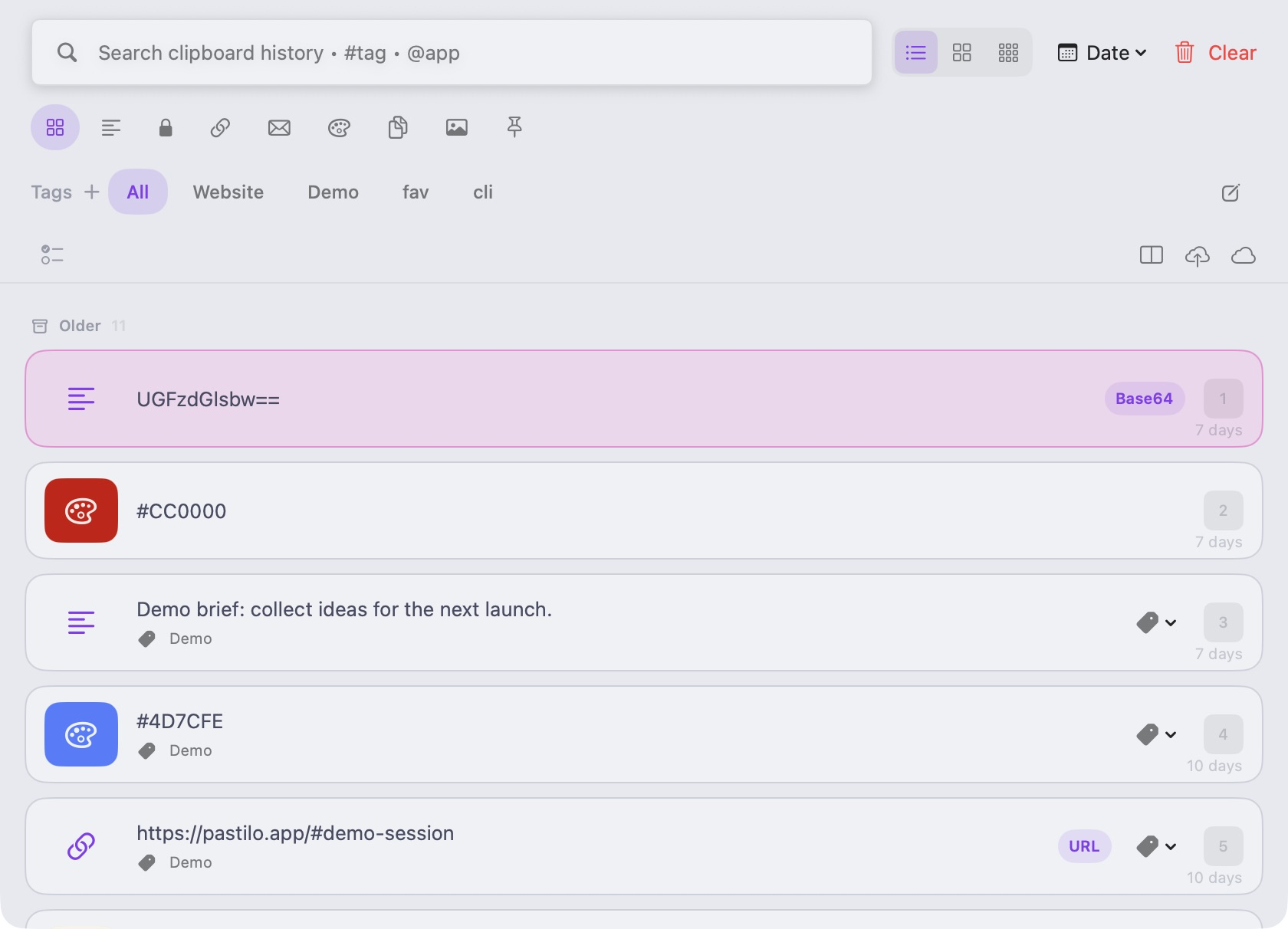 Pastilo clipboard history in the Catppuccin theme, light appearance