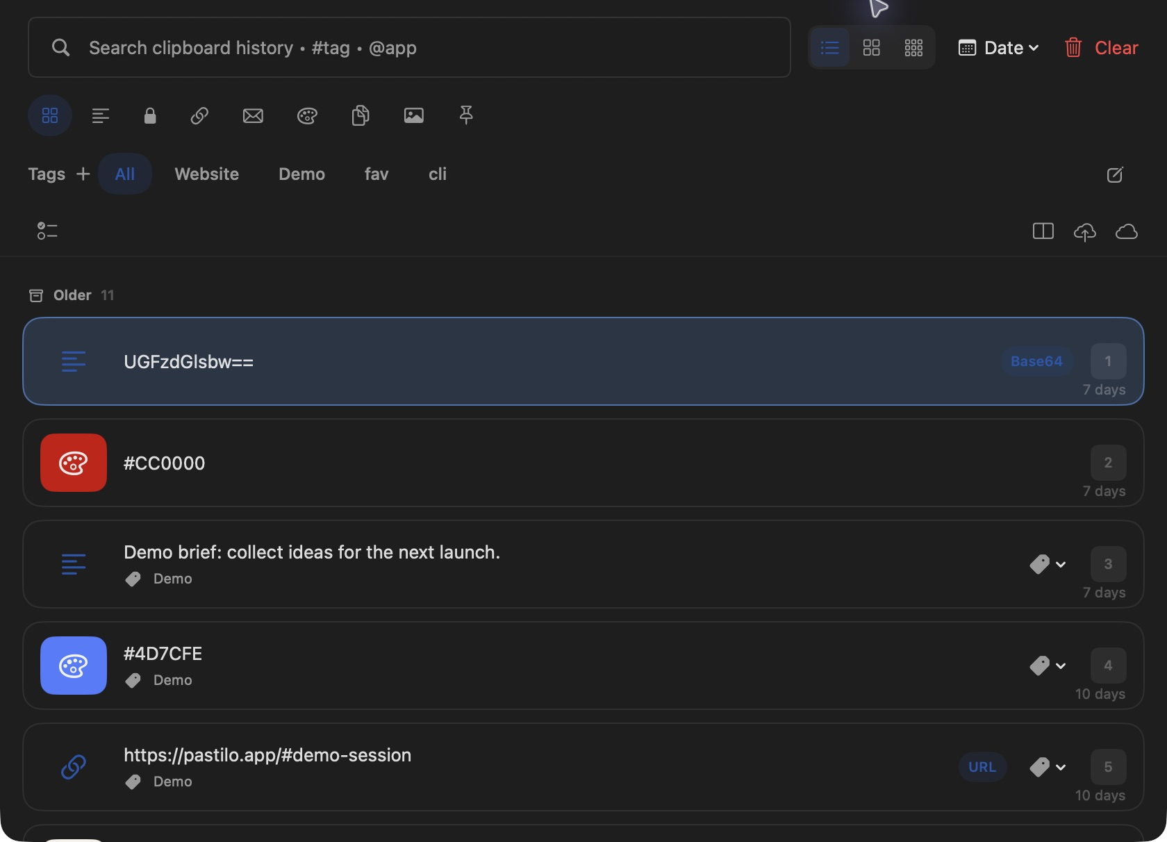 Pastilo clipboard history in the Default theme, dark appearance