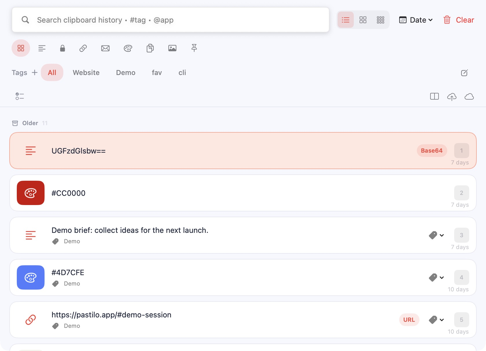 Pastilo clipboard history in the Default theme, light appearance
