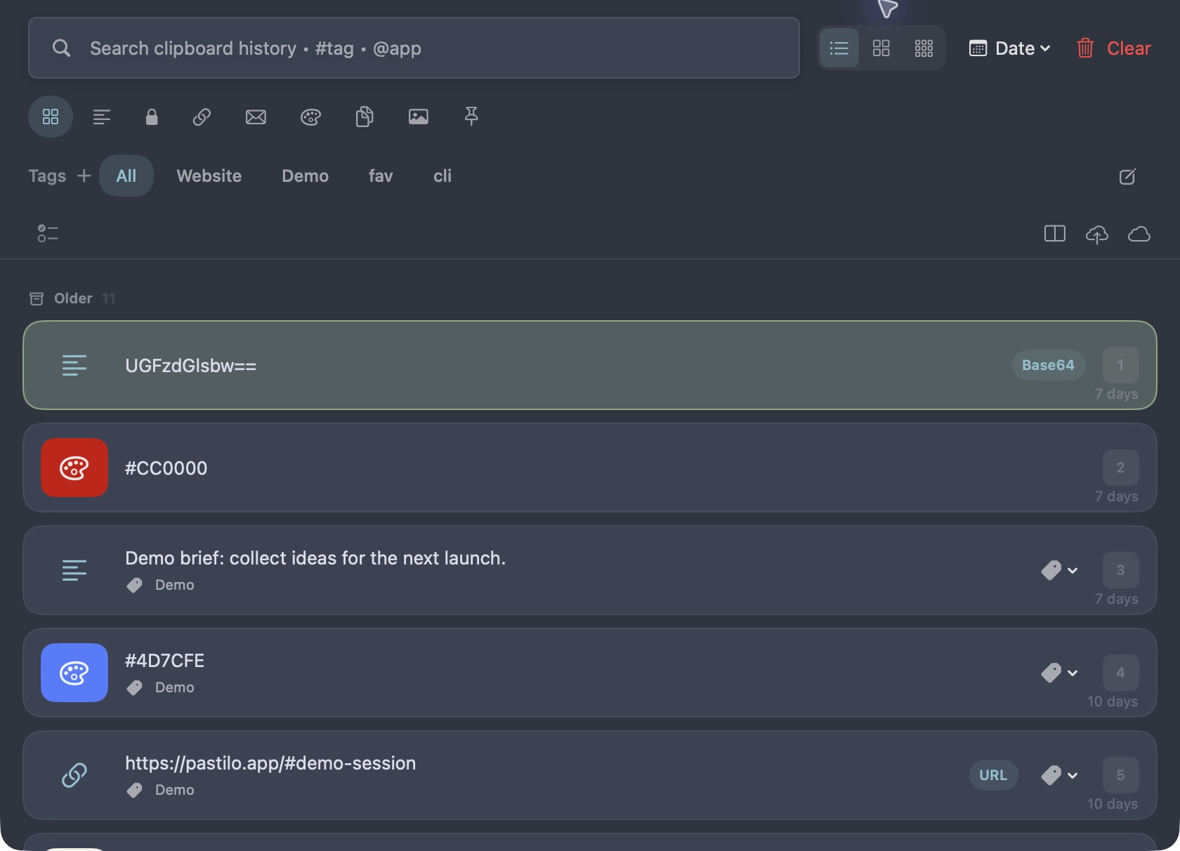 Pastilo clipboard history in the Nord theme, dark appearance